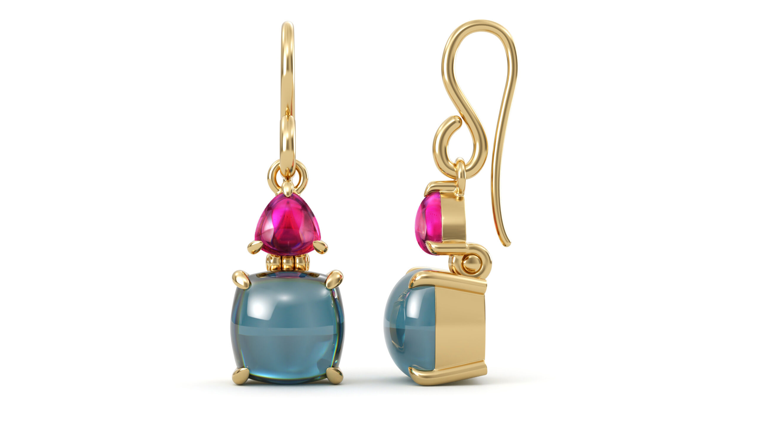 Cabochon Cut trillion Shape Rubellite And Natural Blue Topaz Drop Earring  For Girls and Women-Silvesto