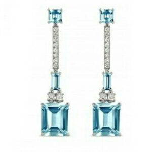 Silvesto India Dangle Earring Cushion & Round Shape Blue Topaz & CZ Gemstone 925 Sterling Silver Earring